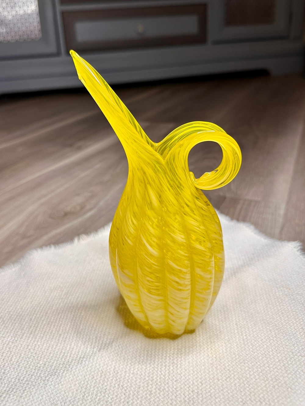 Vintage Wales Japan Yellow White Art Glass Pitcher Ewer MCM